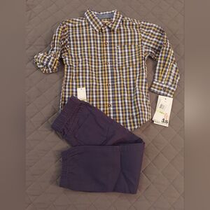 Plaid Button-Up Shirt and Navy Pants Set